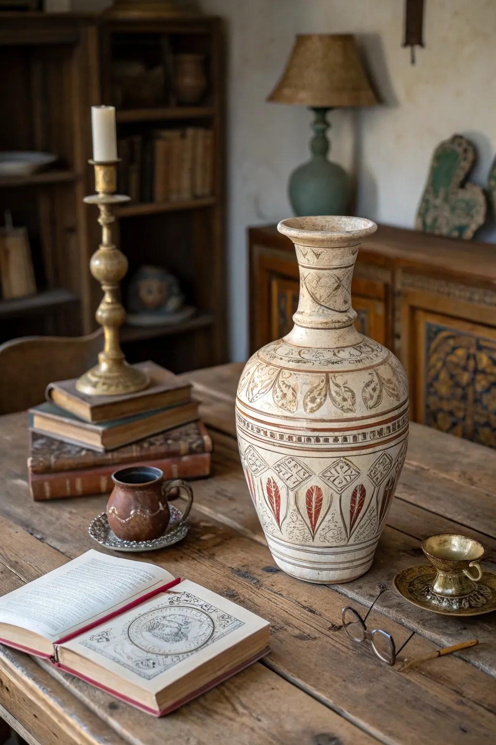 A vintage earthenware flower holder infuses traditional charm into a rustic context.