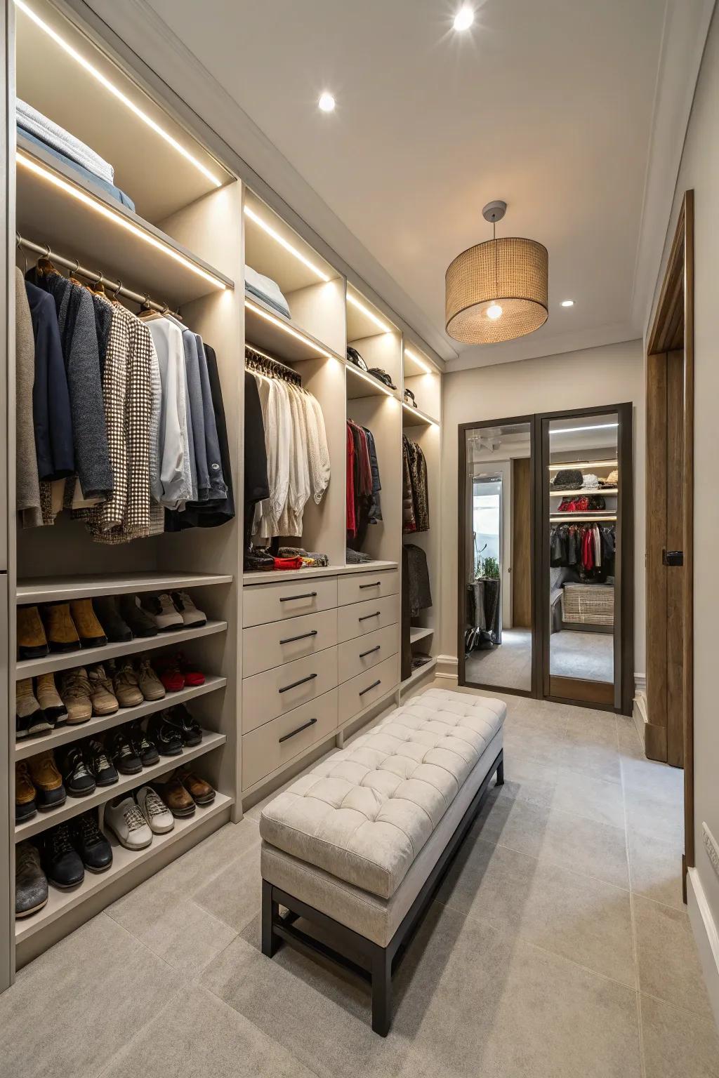 A walk-in wardrobe delivers abundant space for both storage and style.