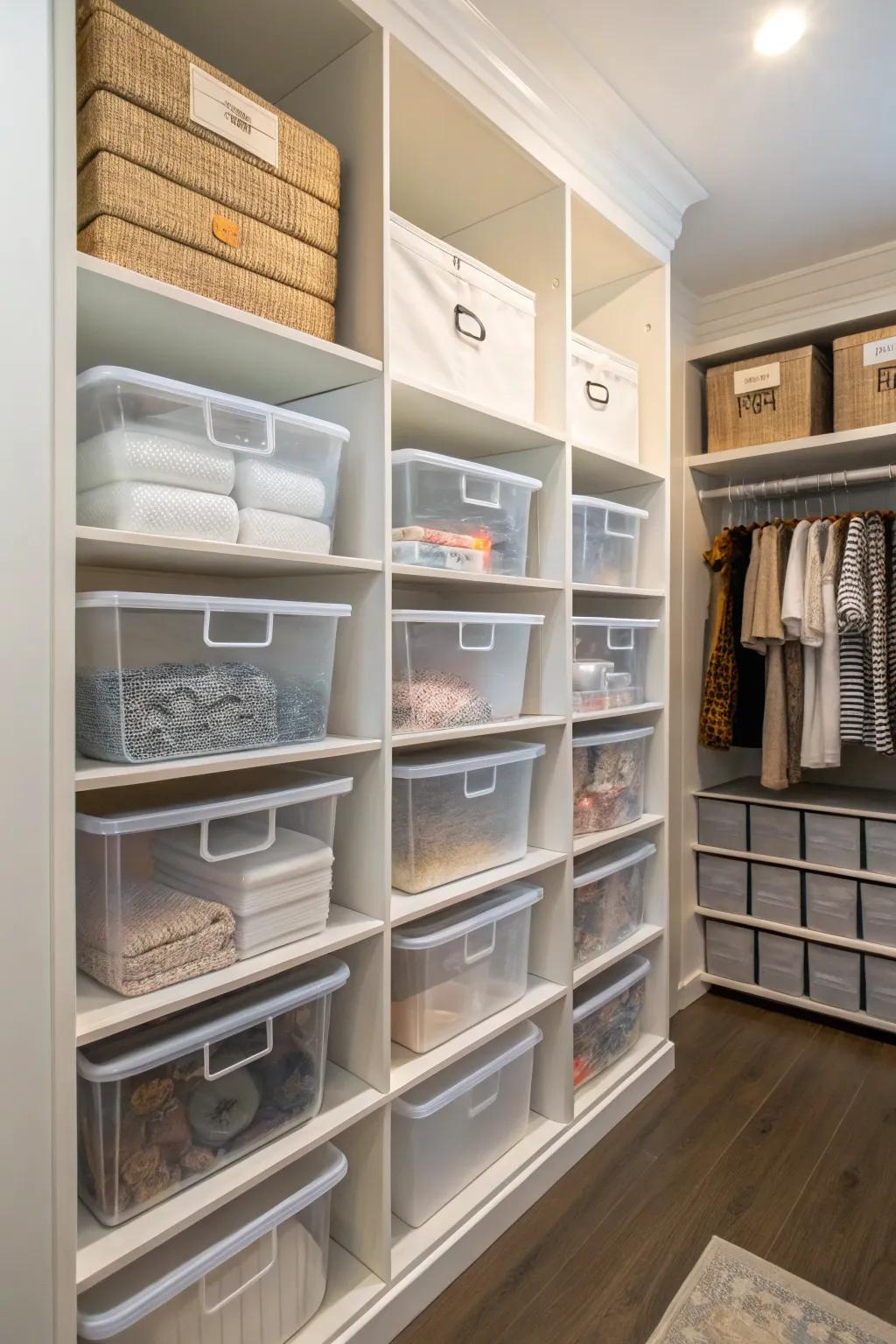 Visible storage solutions help maintain an organized closet.