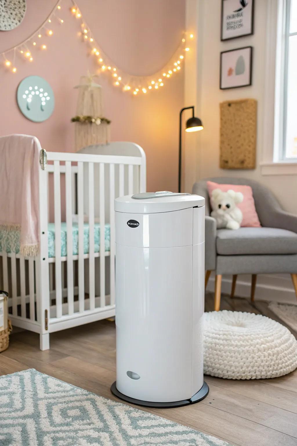 A modern baby wrap container with a carbon filter guarantees great smell control in a stylish setting.
