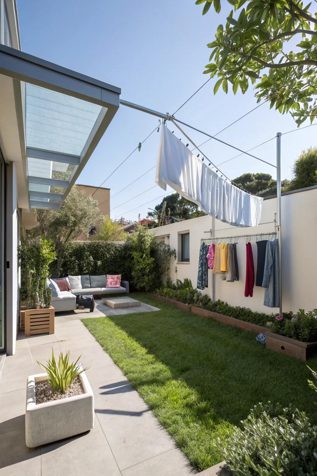 A sleek retractable clothesline in a modern outdoor setting.