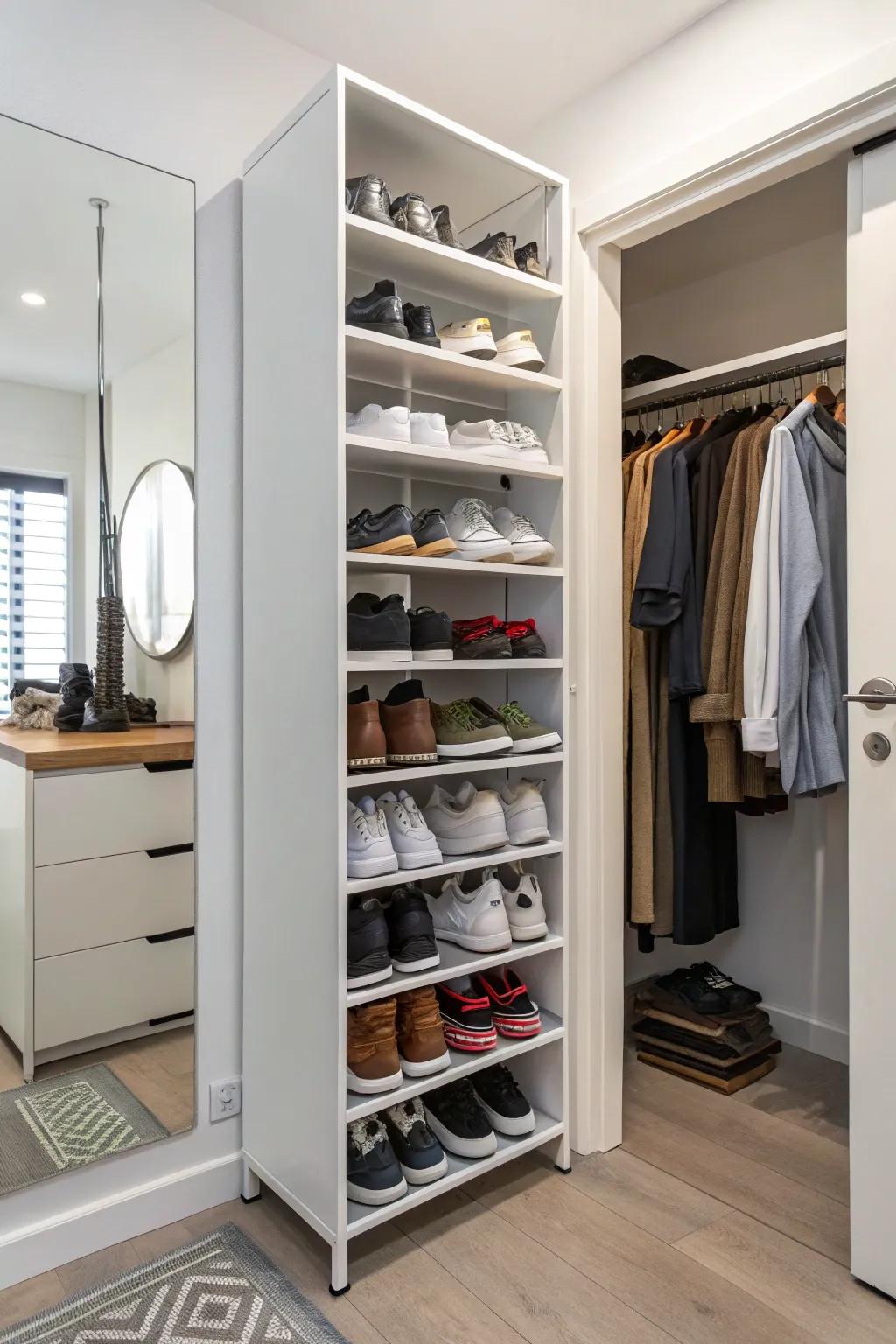 Skinny shoe racks help maintain organized footwear.