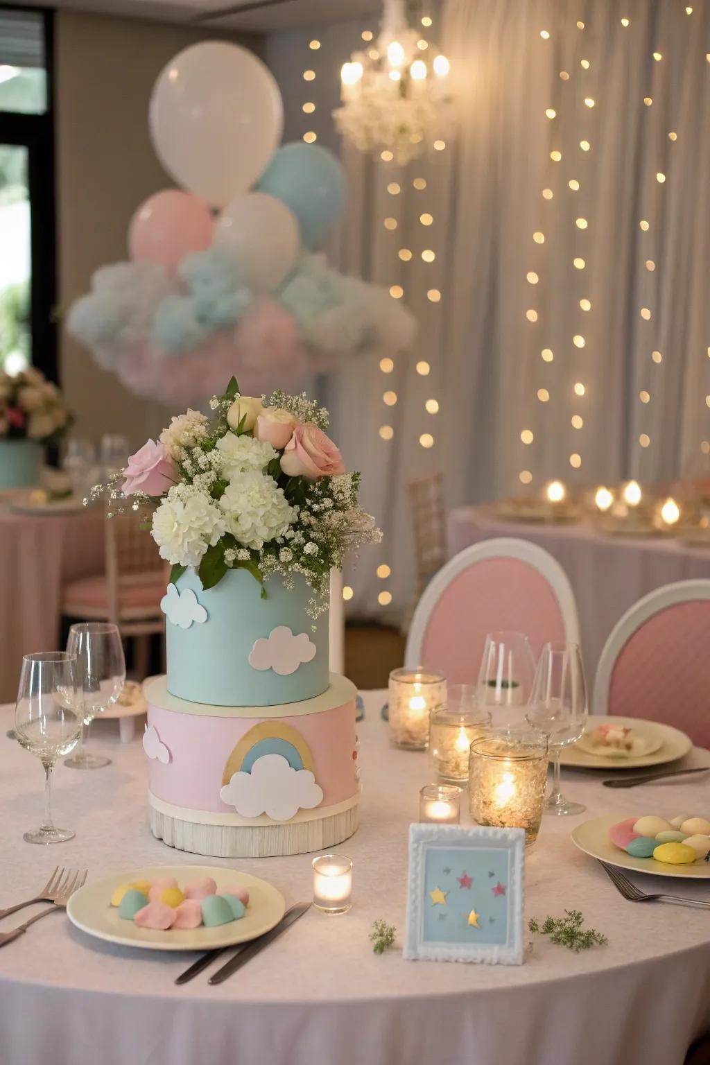 Sophisticated table settings complete with sky-inspired centerpieces create an elegant ambiance.