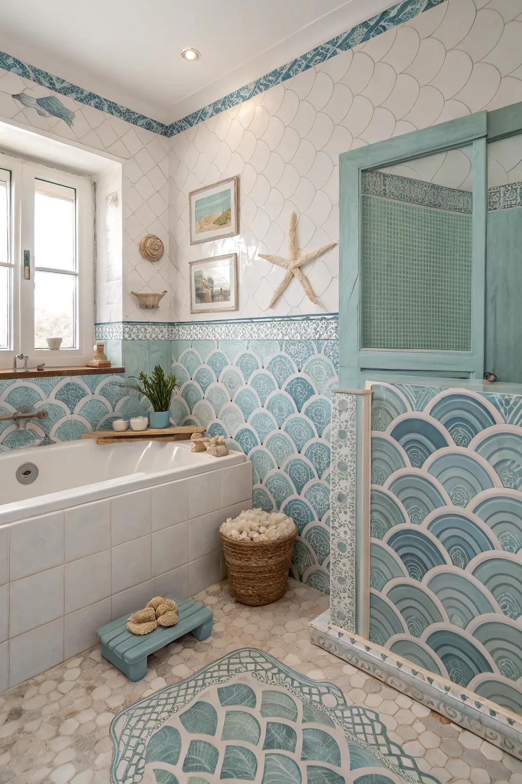 Ocean-inspired tiles gently echo the sea’s charm.