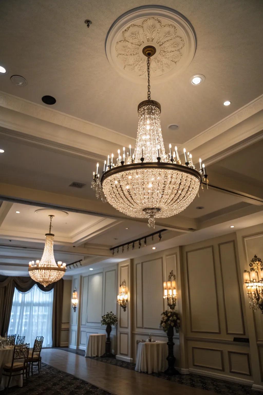 Elegant lighting elevates the coastal chic aesthetic.