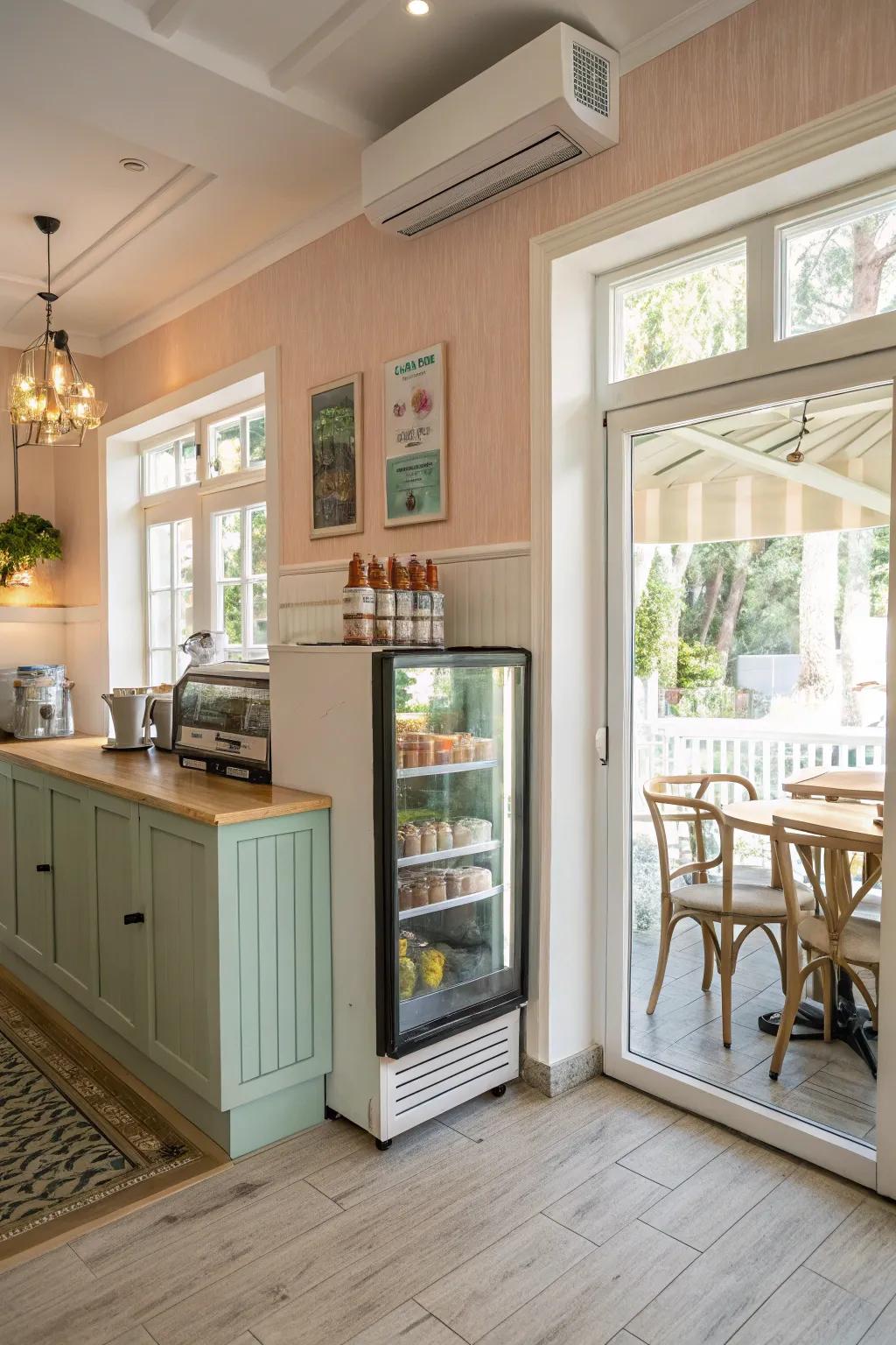 An inviting and airy coffee station with a compact cooler.