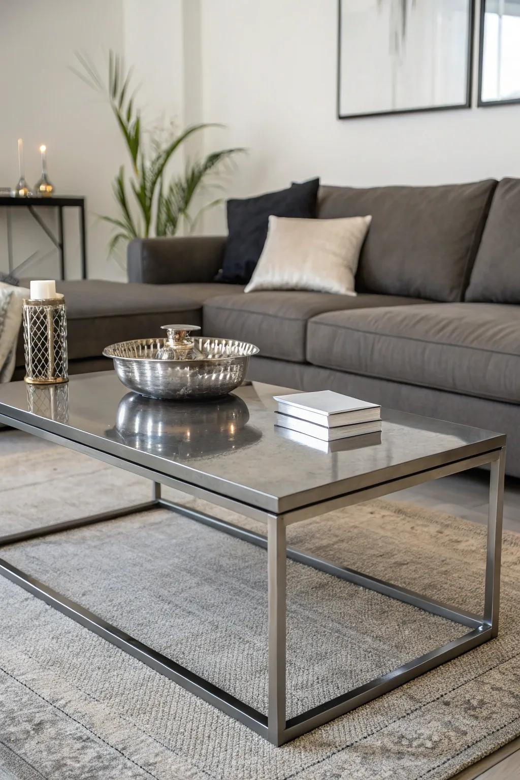 An alloy centerpiece table introduces a contemporary touch, ideally complementing minimalist modular seating.