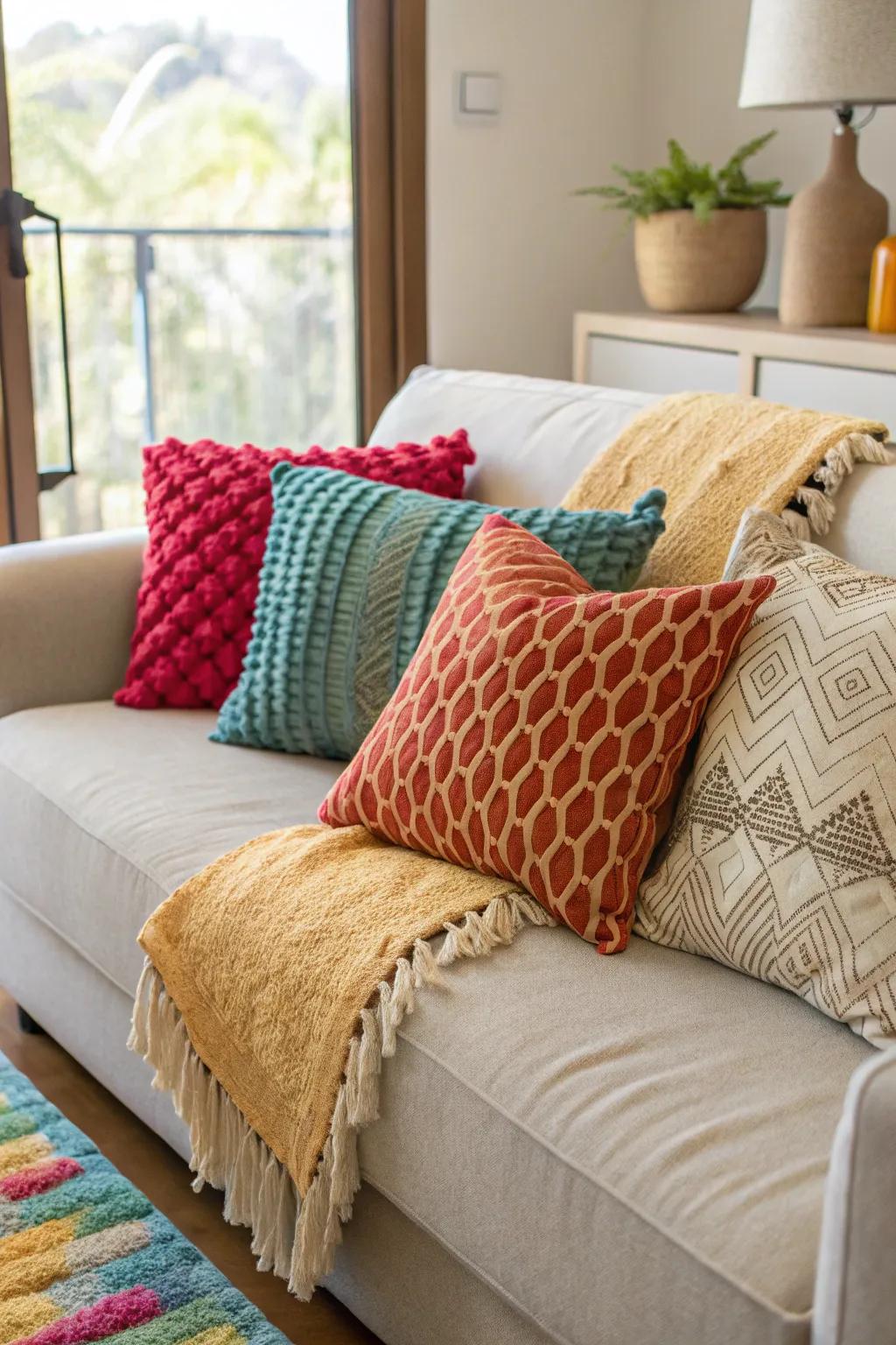 A collection of colorful and textured accent pillows on a modern sofa.