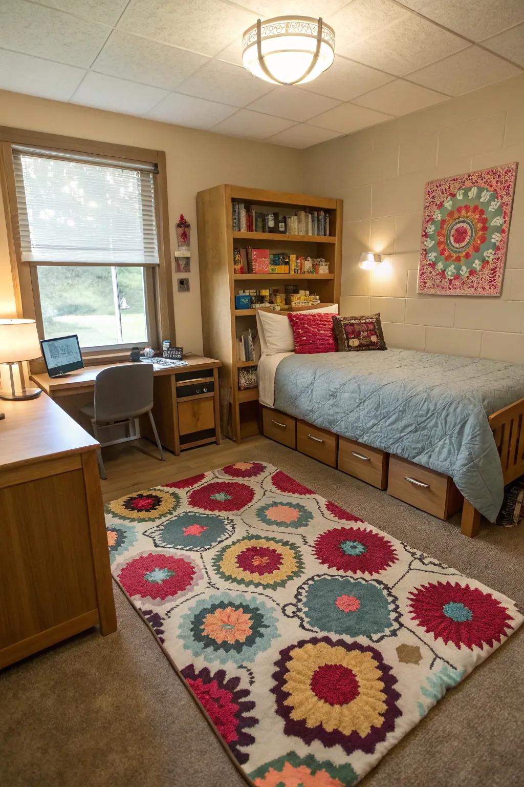 Define your area with a cozy floor covering.