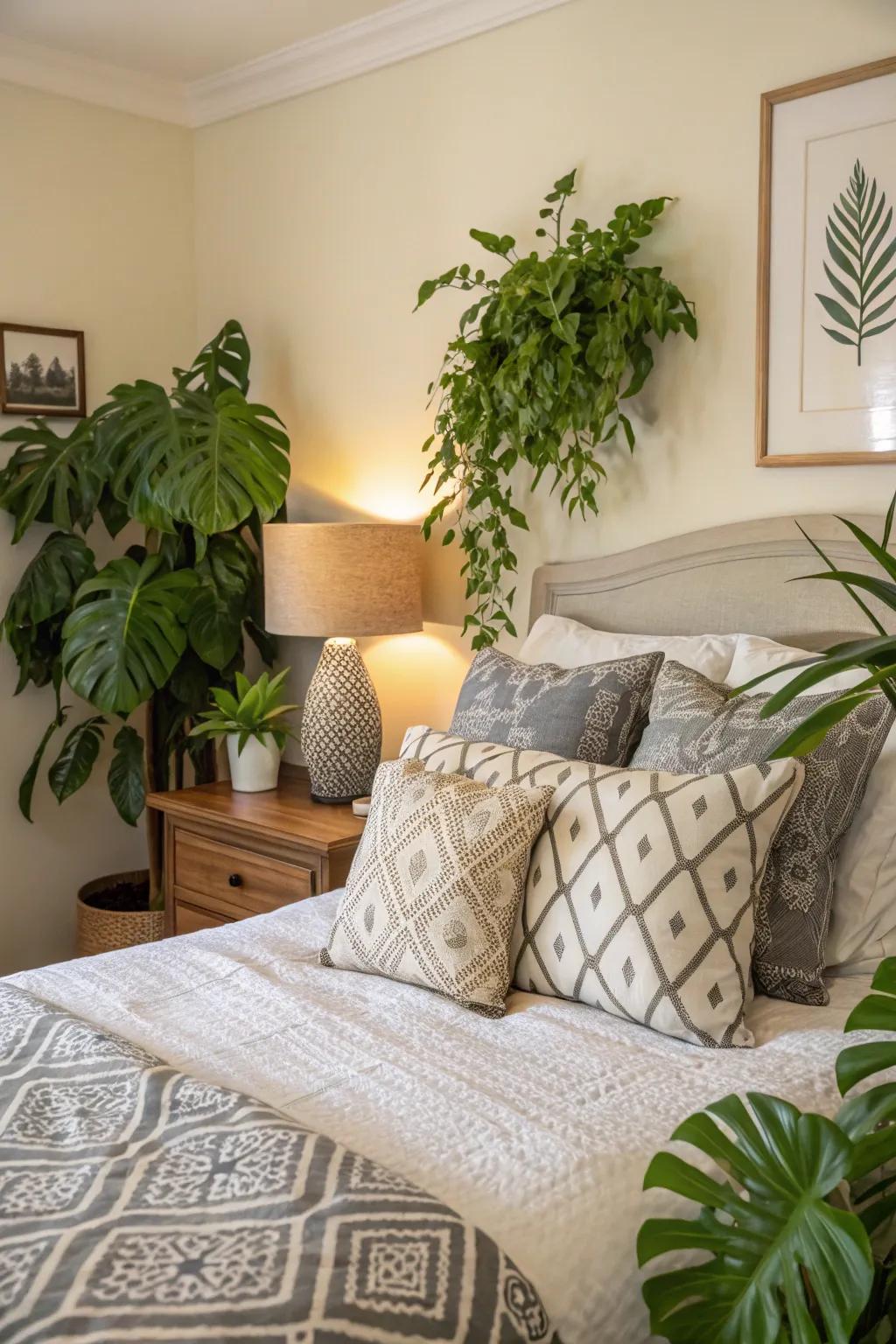 Lush plants and patterned cushions enrich the texture of this color-immersed bedroom.