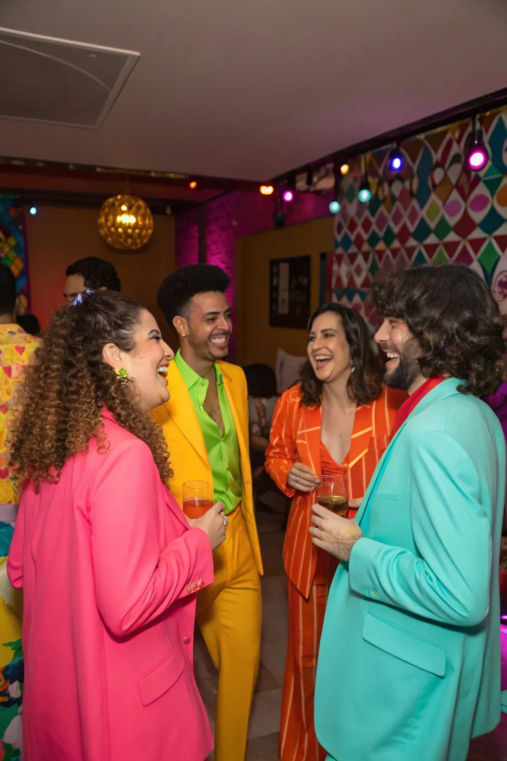 Attendees are fashionably dressed in an arrangement of vibrant colors for the event.