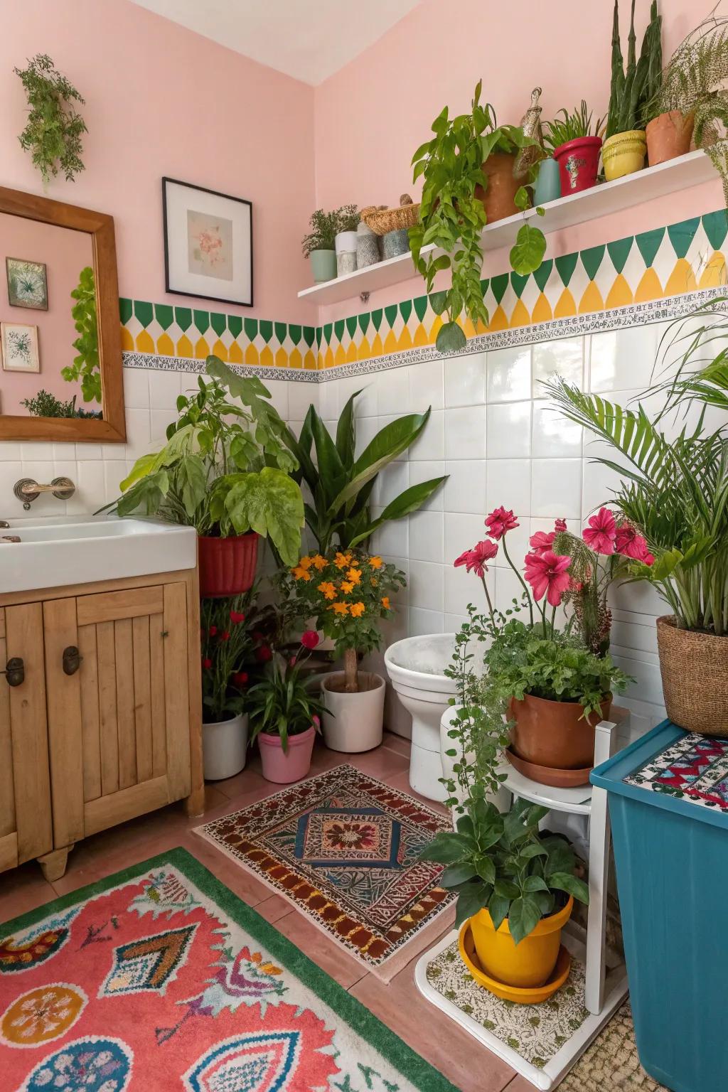 Lively plants add a dash of nature to this colorful powder room.