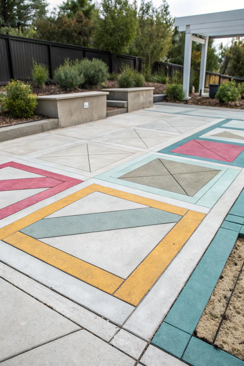 Geometric borders refine modern patio designs with clean lines.