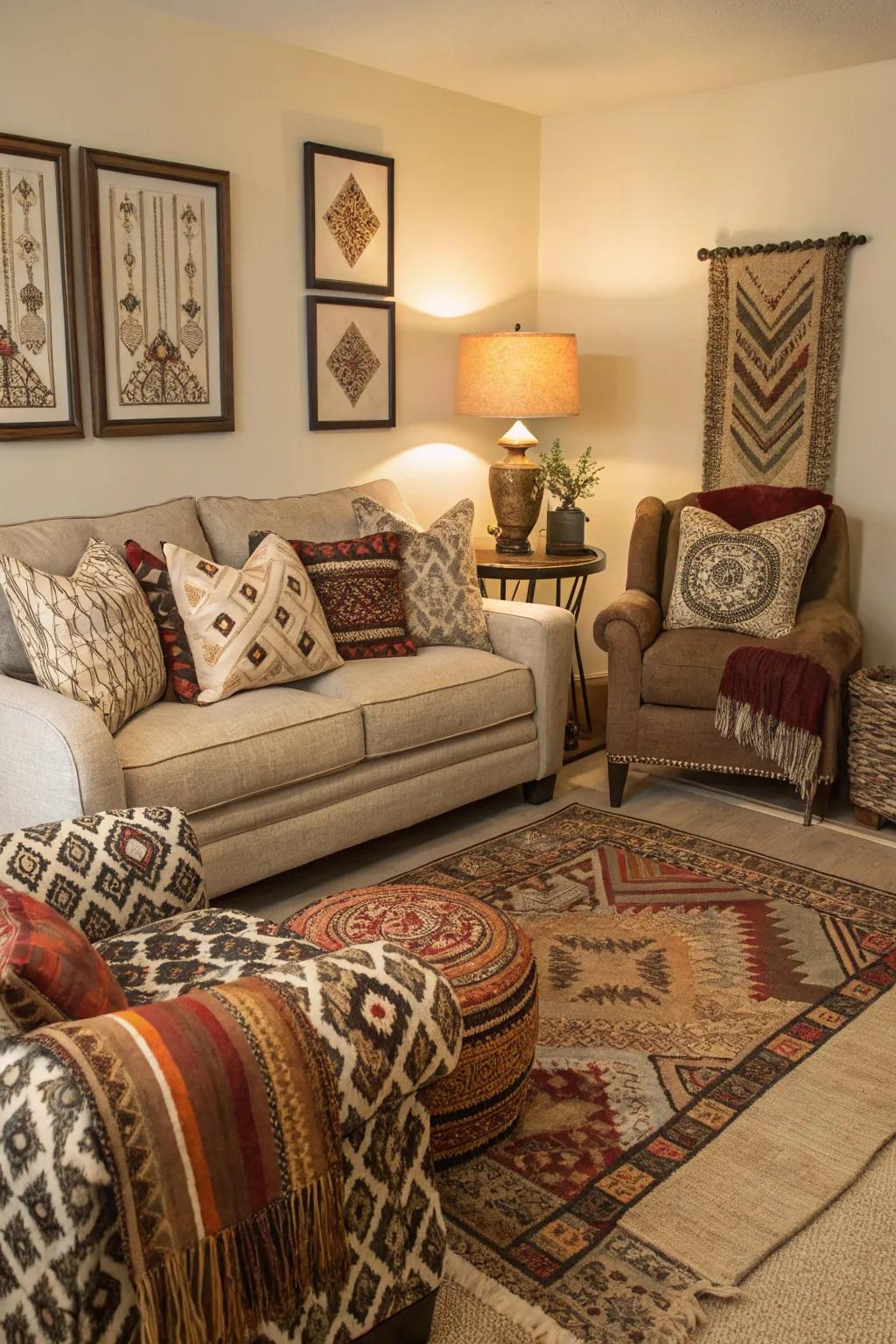 A mix of textures and patterns in a condo living room