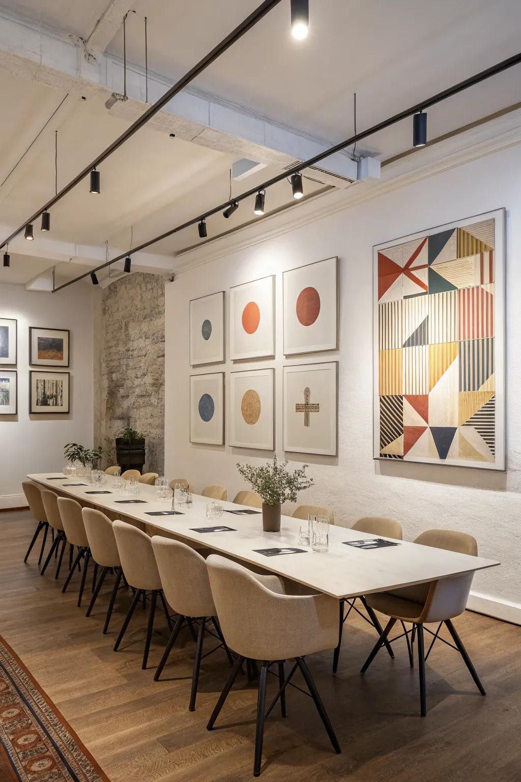 Art and d&eacute;cor infuse personality and warmth into the conference room.