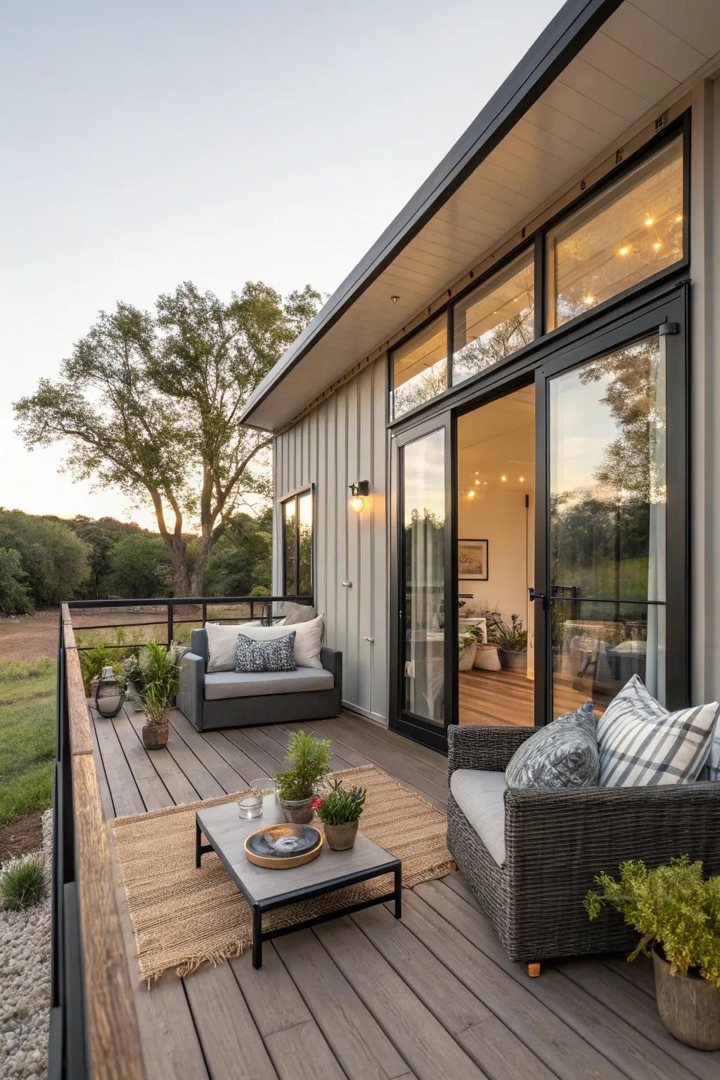 A container home featuring a cozy and functional outdoor area.