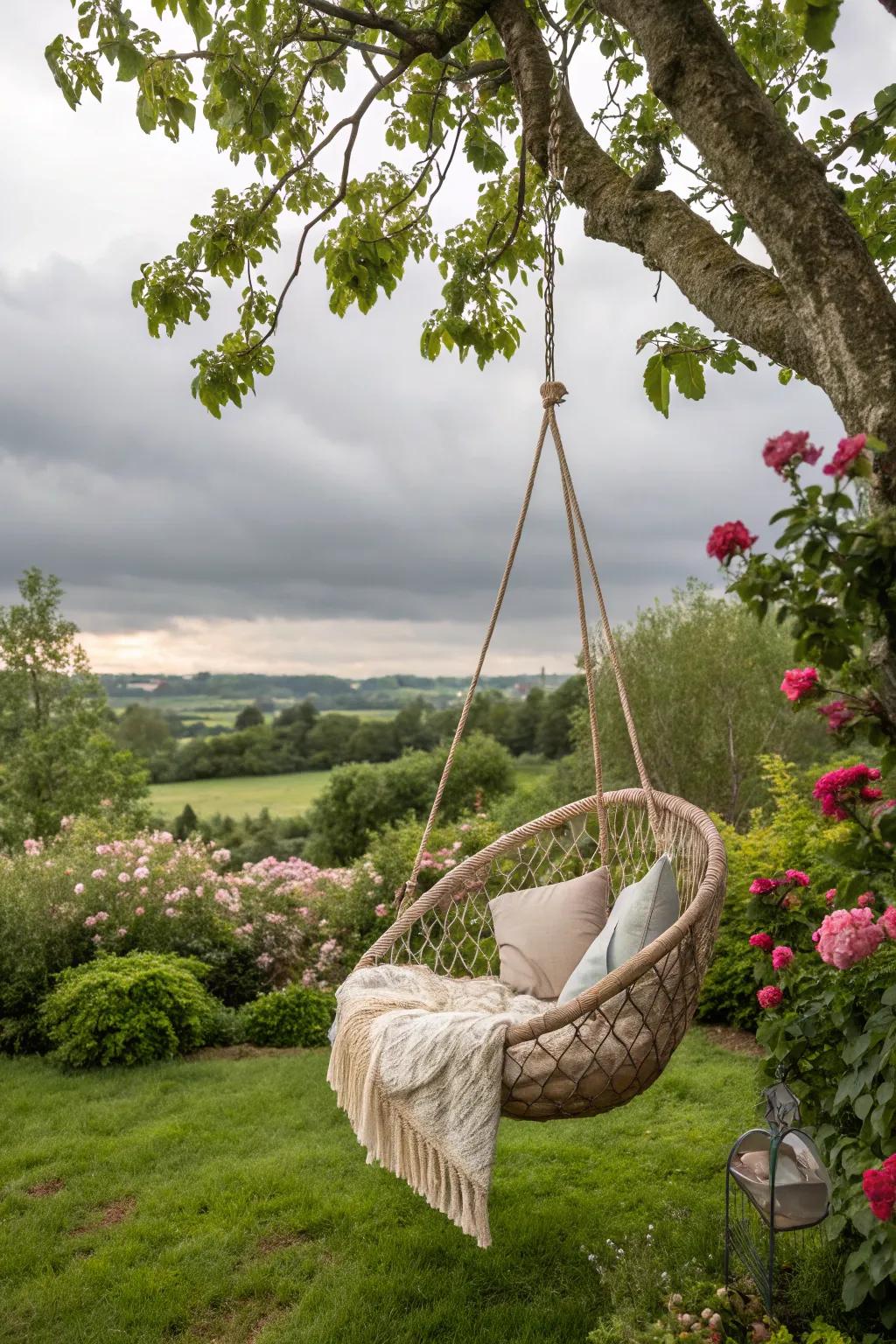 Suspended chairs present a distinctive and calming seating alternative.
