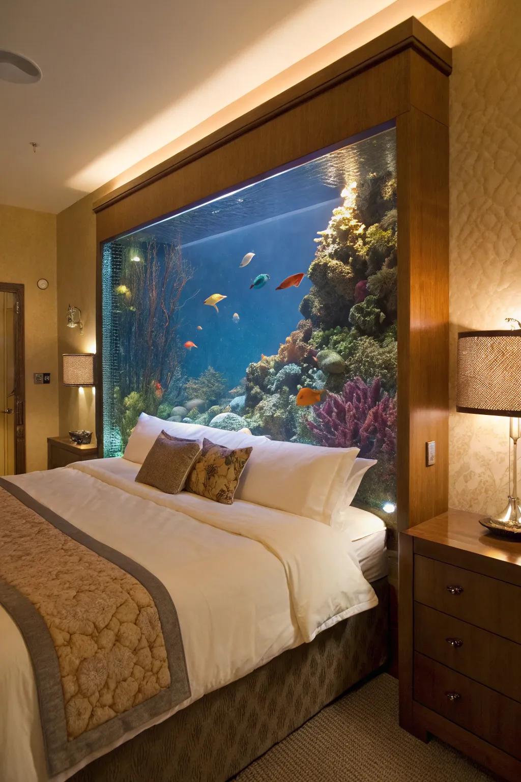An aquarium headboard offers a serene and unique bedroom feature.