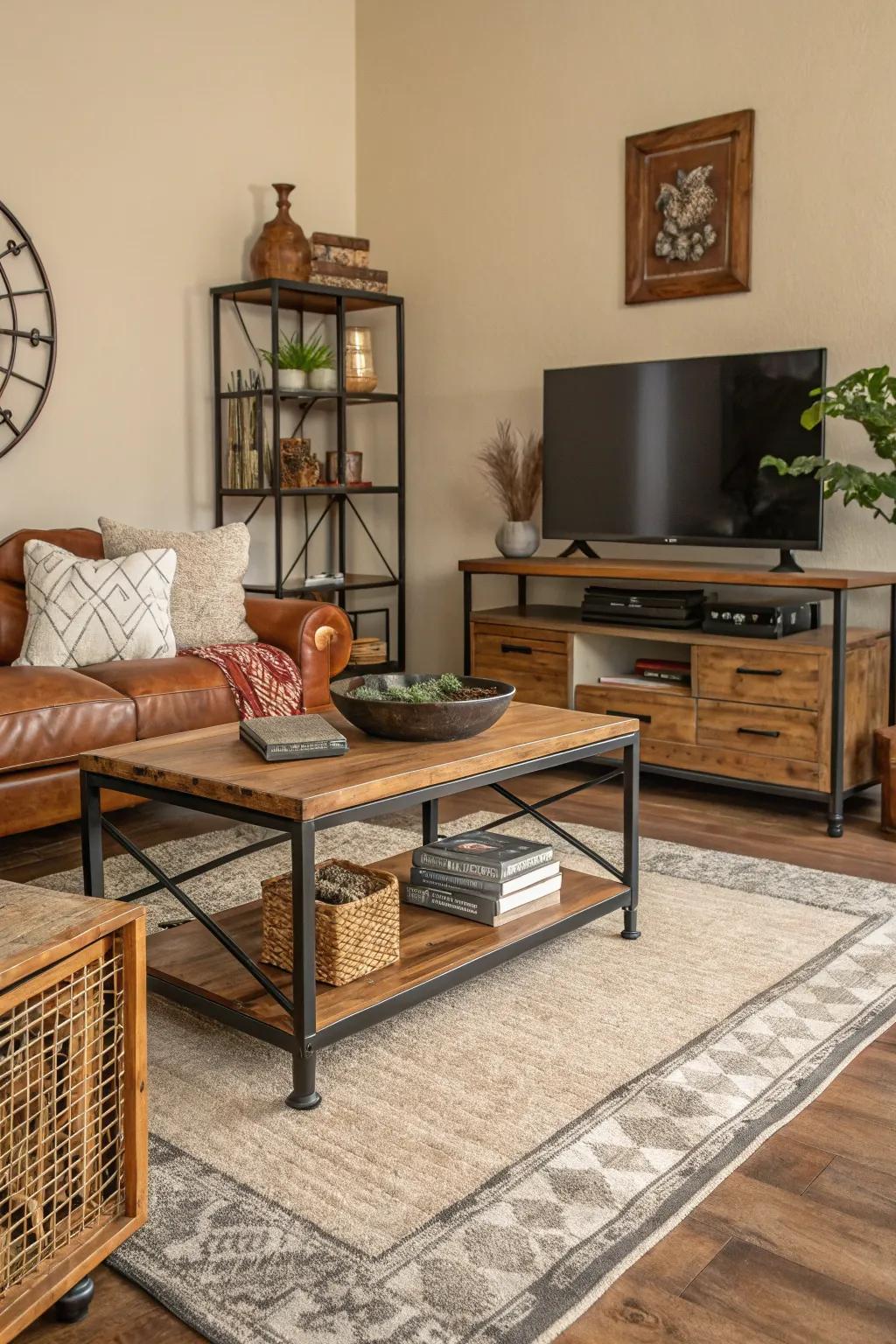 A fusion of surfaces and resources injects depth and warmth into this living space.