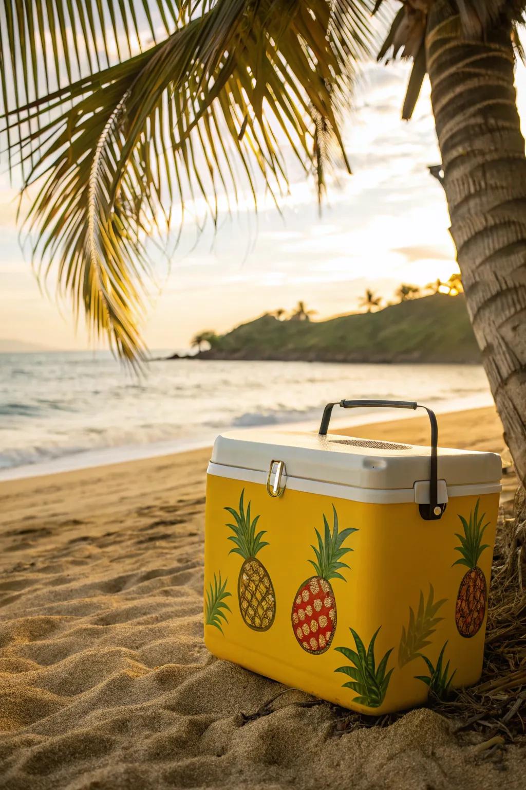 Tropical-themed cooler with pineapple stickers.