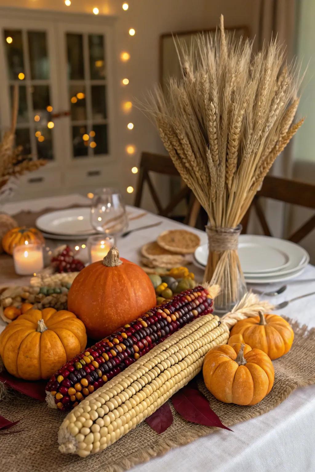 A Thanksgiving harvest presentation showcasing maize and pumpkins.