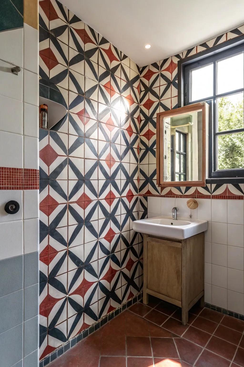 Modern tile art enhances washroom corners.