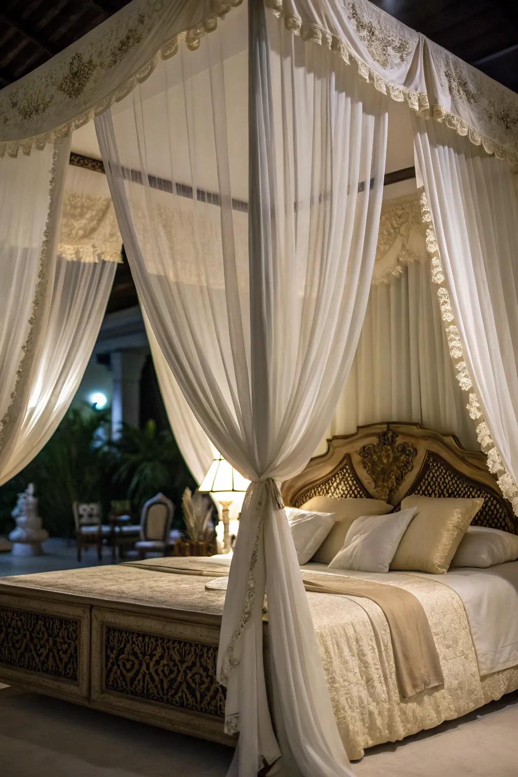 A canopy adds elegance and closeness to a corner bed.