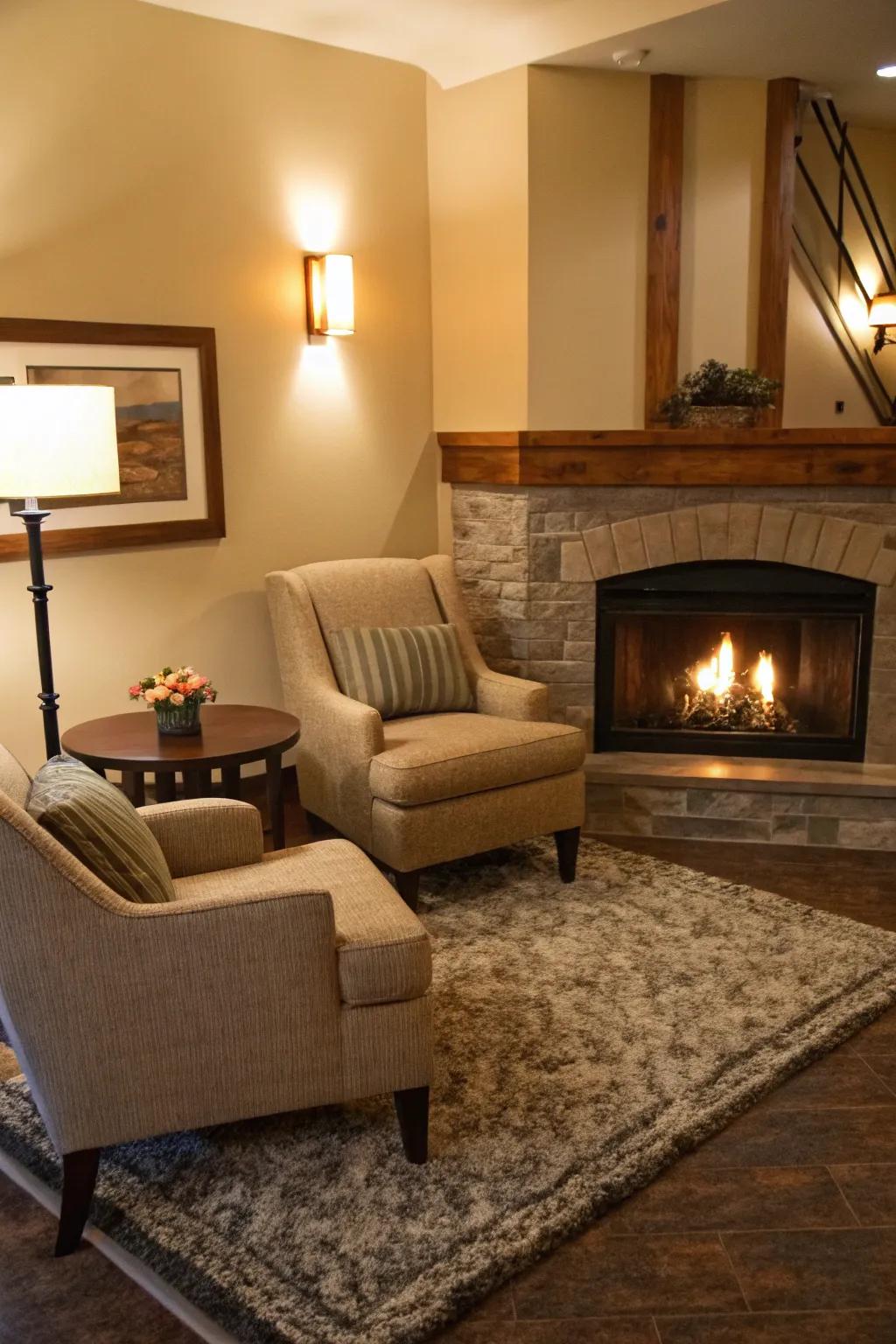 A snug seating arrangement around a corner fireplace.