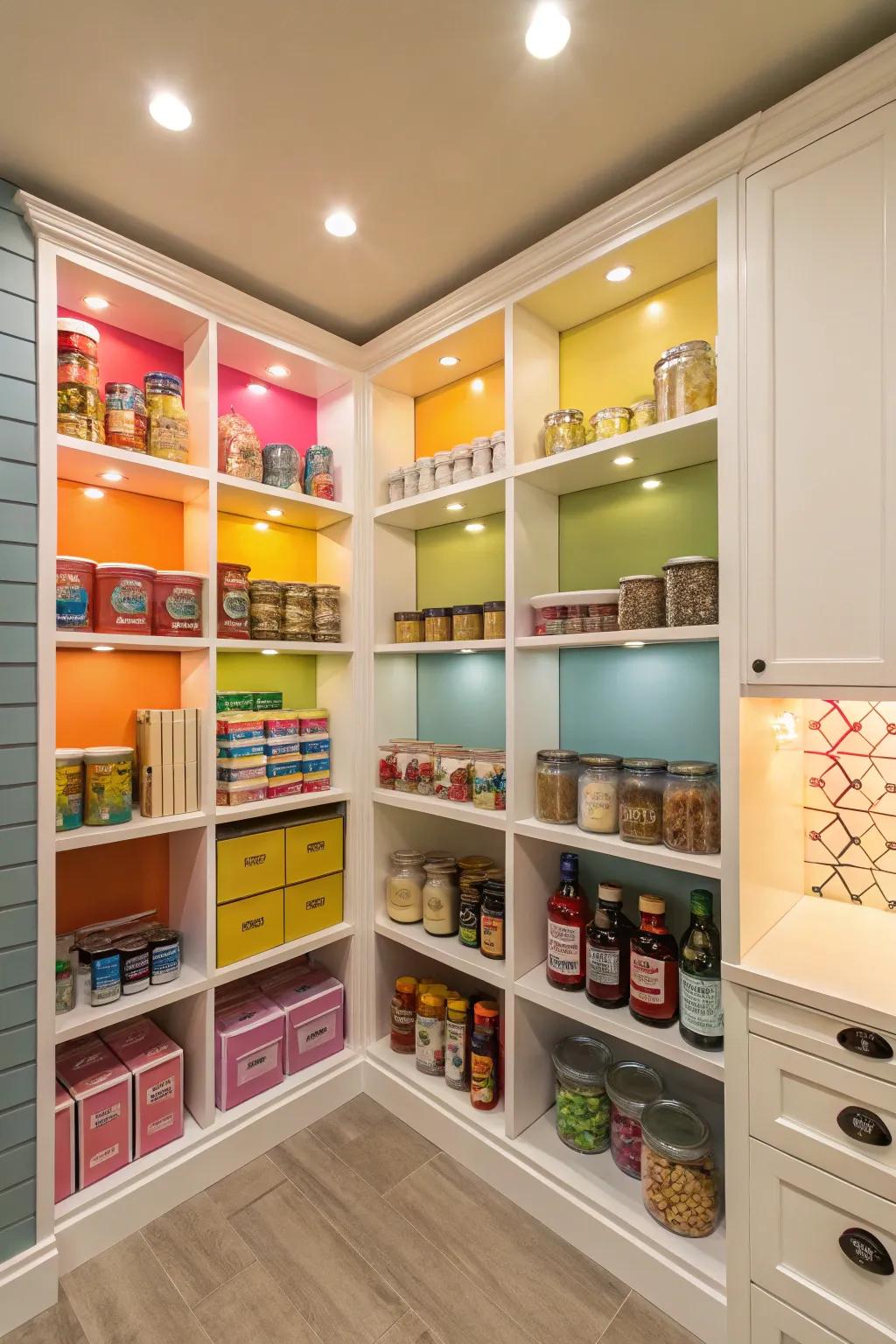 A vibrant corner pantry showcasing ornamental touches.