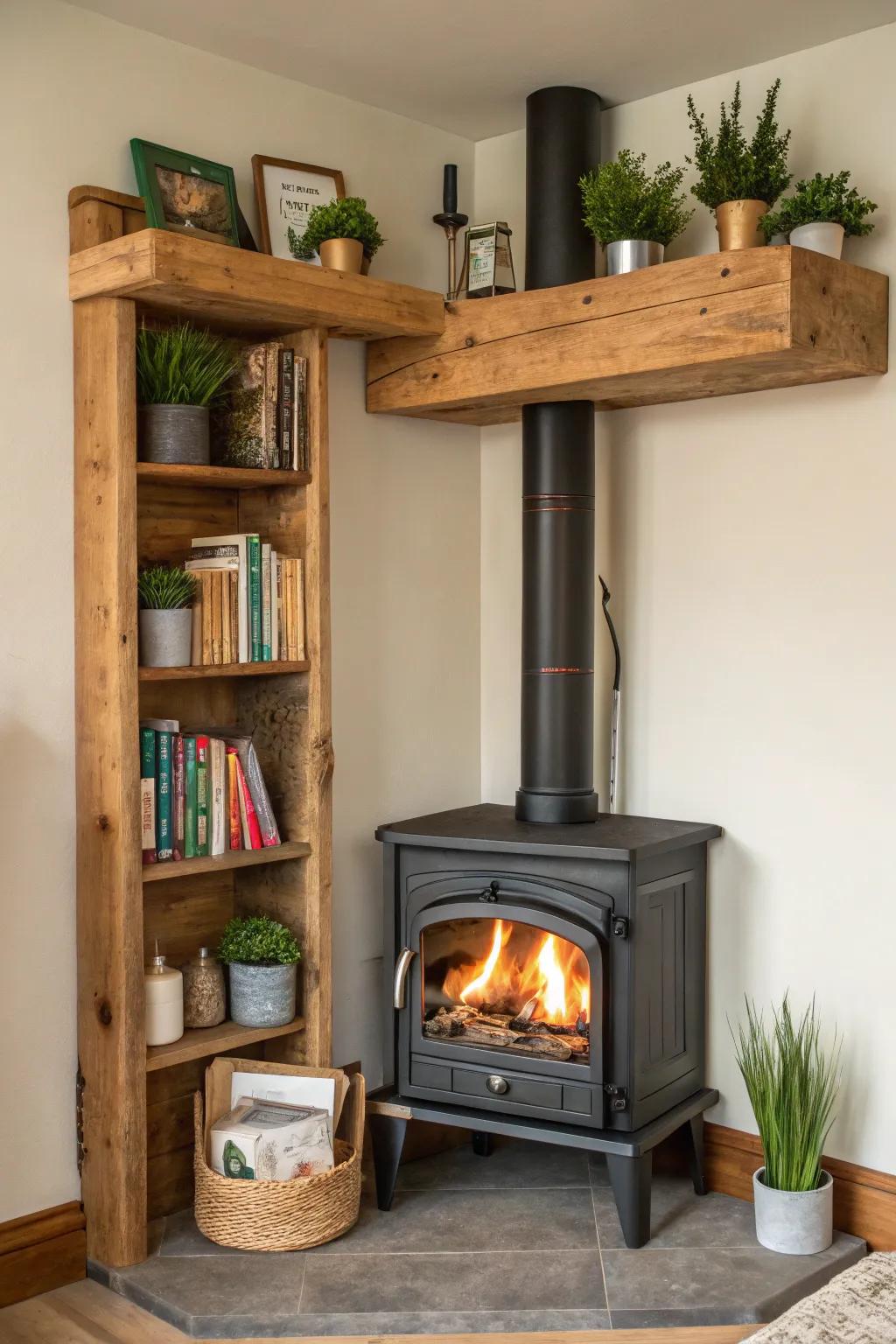 Hanging ledges contribute an ornamental highlight to your firebox nook.