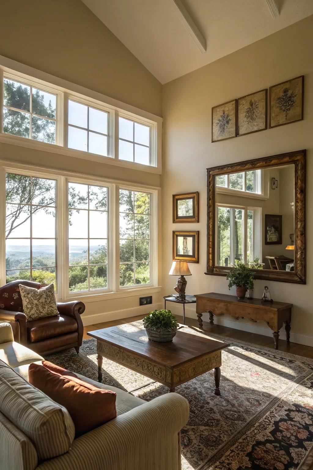 Natural light floods the living room, creating a warm atmosphere.