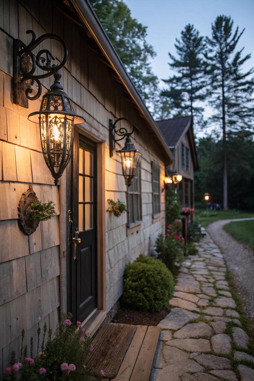 Country wall lights appending charm to a cottage exterior.