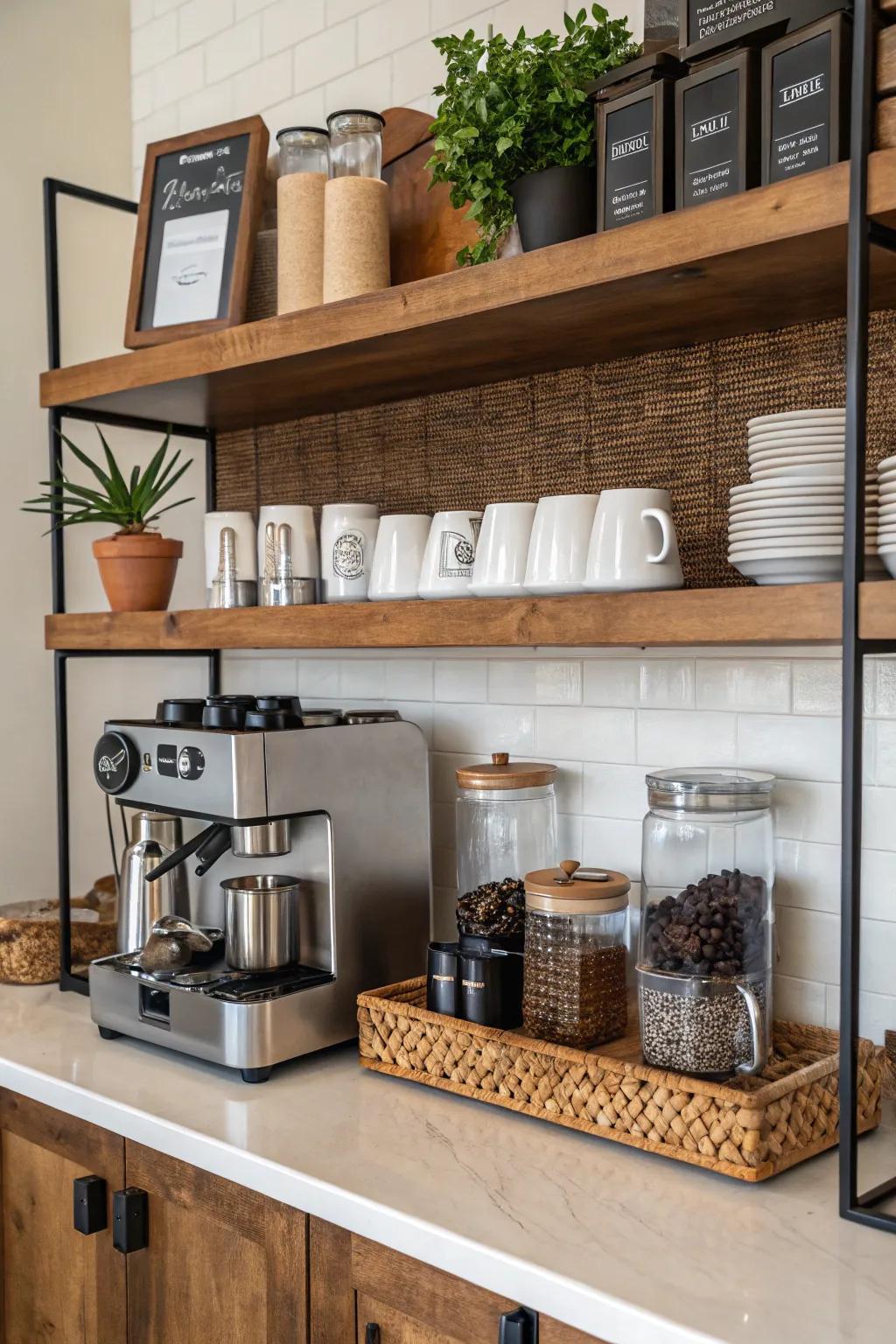 Shelves offer additional storage and display opportunities.