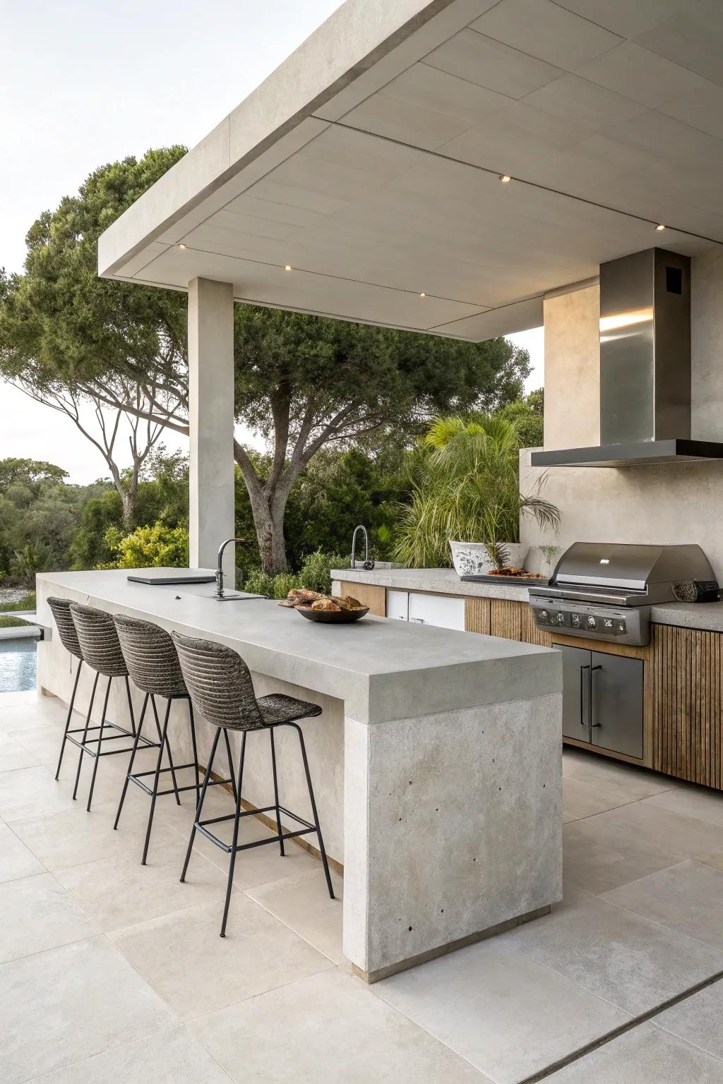 A minimalist concrete design for a chic and modern outdoor kitchen.