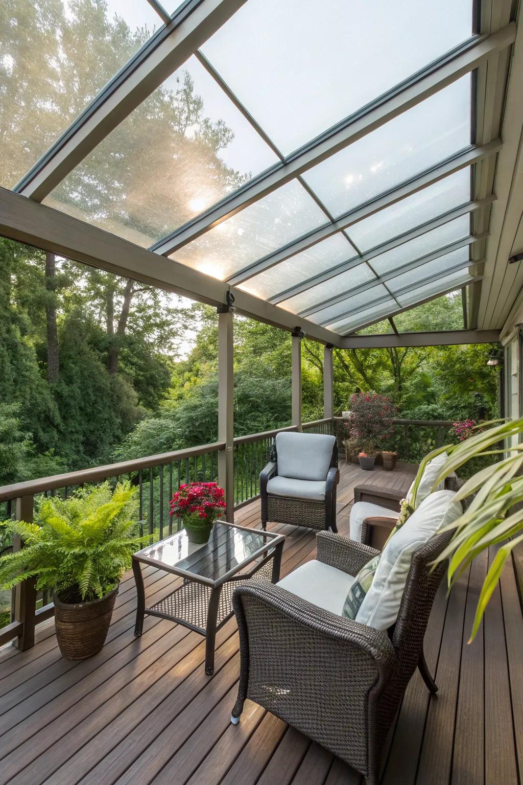 A bright and airy deck space with a transparent roof.