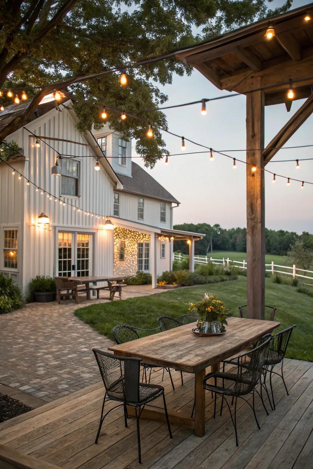 Combine wood and steel for an inviting, farmhouse-inspired patio.