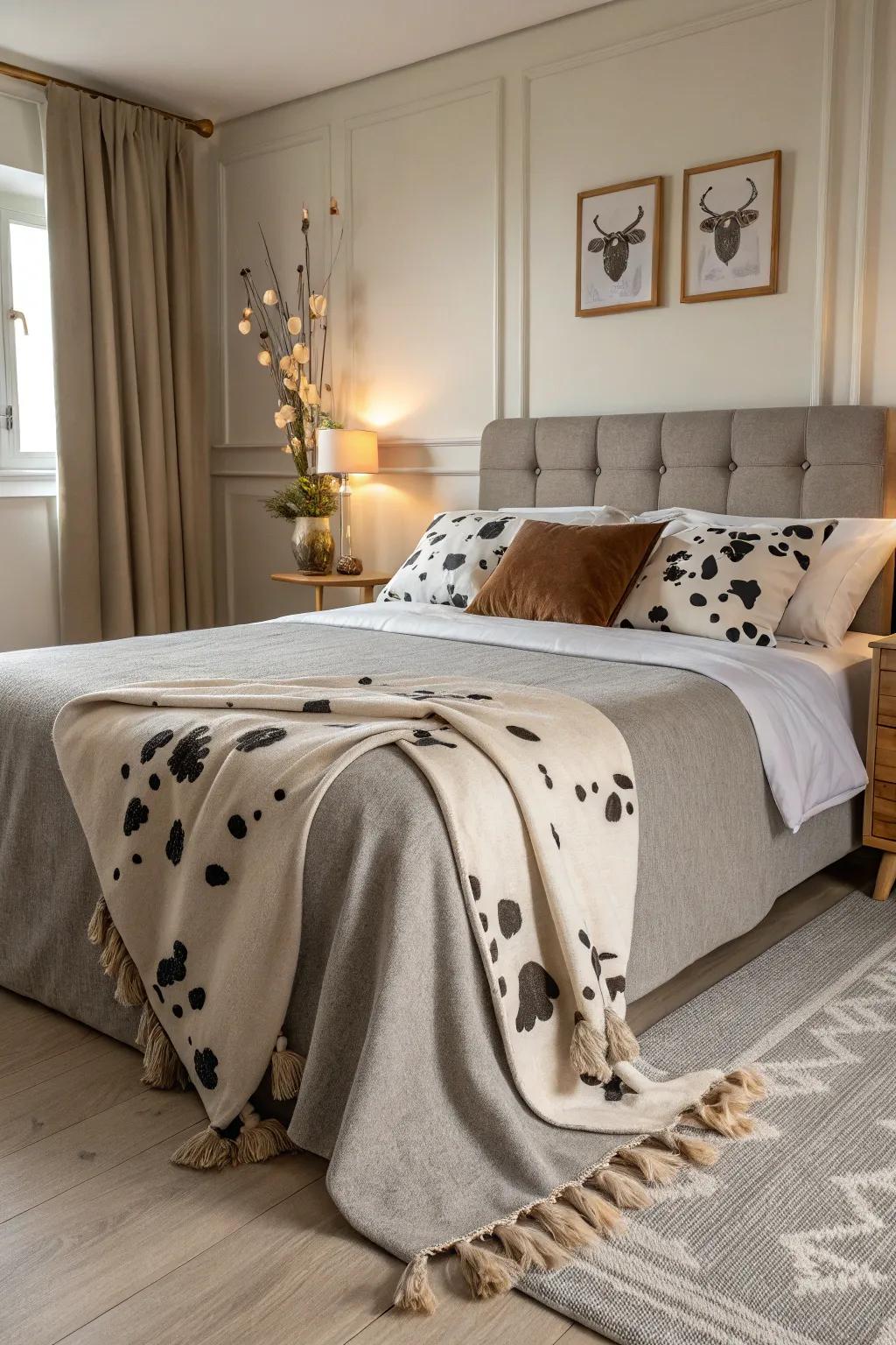 Neutral colors matched with spotted bovine create for a sophisticated look.