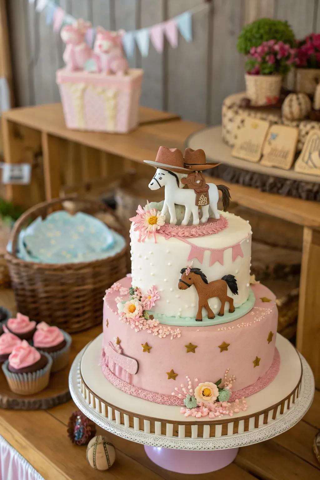 Pony figures impart a whimsical and cheerful feel to this cowgirl baby shower cake.
