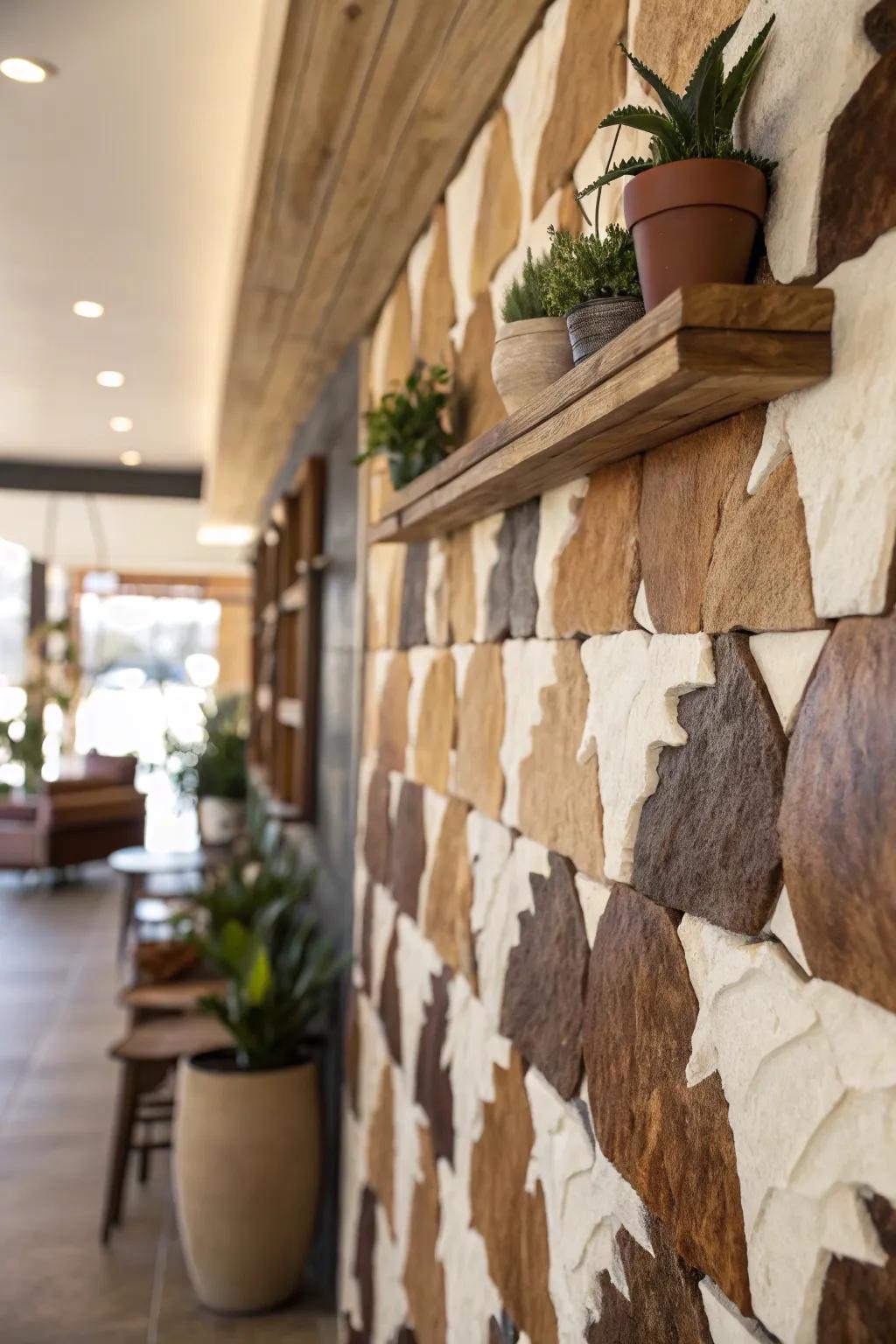 Layered cowhide pieces add depth and intrigue to this wall decor.