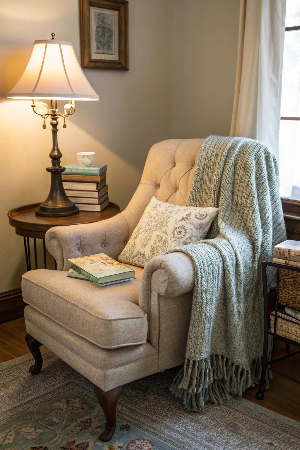 A reading corner provides an ideal location to unwind and relax.