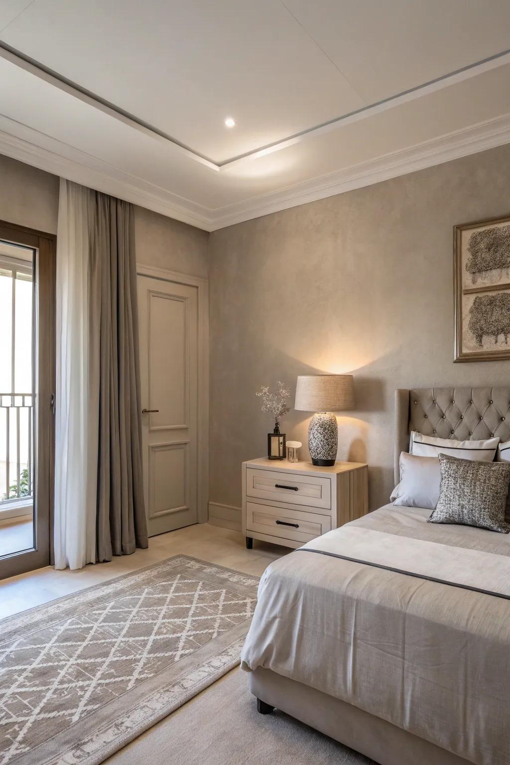 A tranquil bedroom adorned with walls painted in soft sand and minimalist decor.