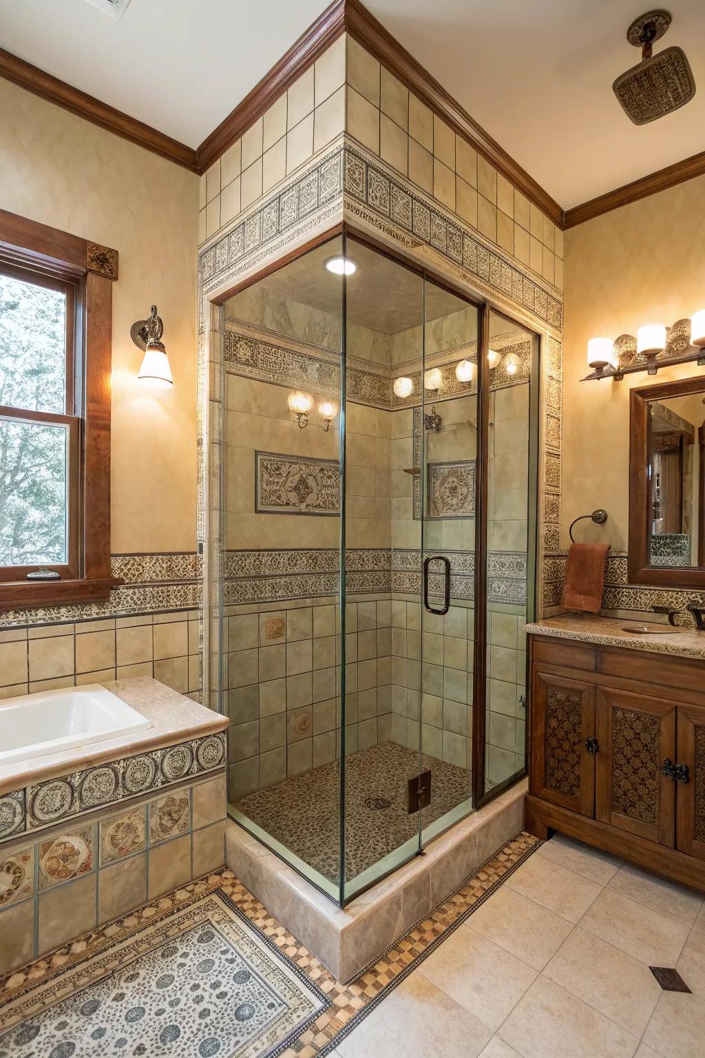 A spacious feel created by a see-through glass shower area in a craftsman bathroom.