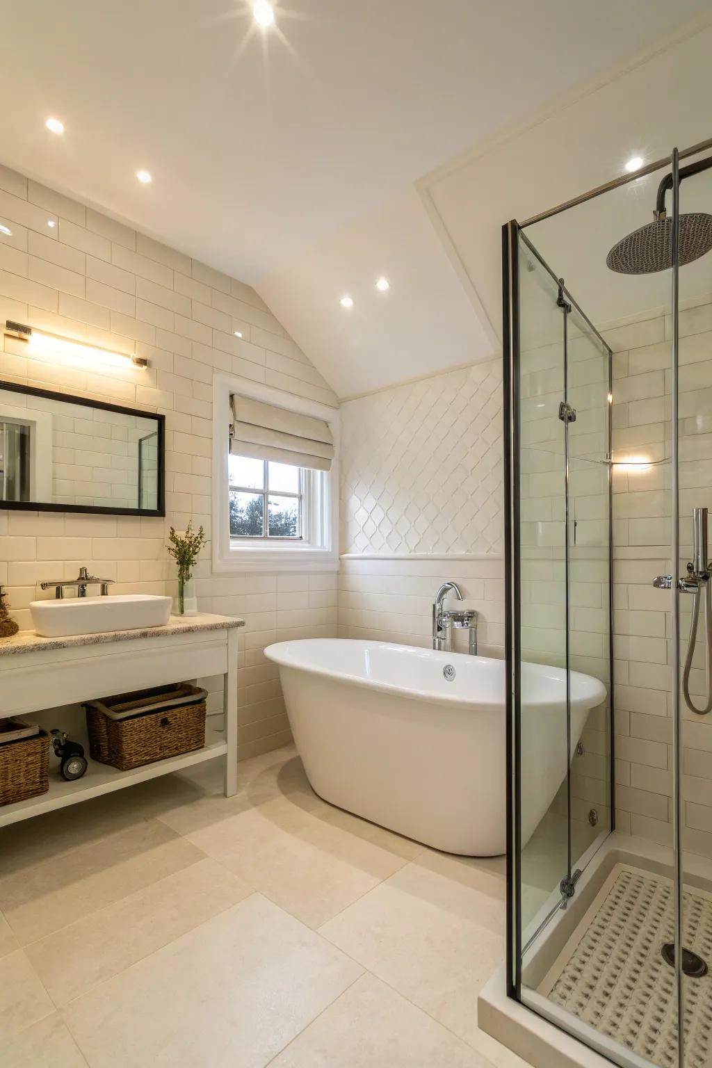 A freestanding bathtub adds a touch of luxury to this cream bathroom.