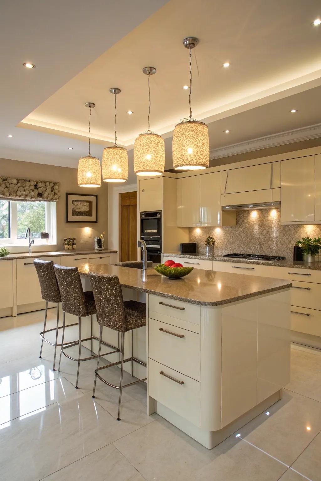 Striking suspended lights providing style and practical use in a cream gloss kitchen.