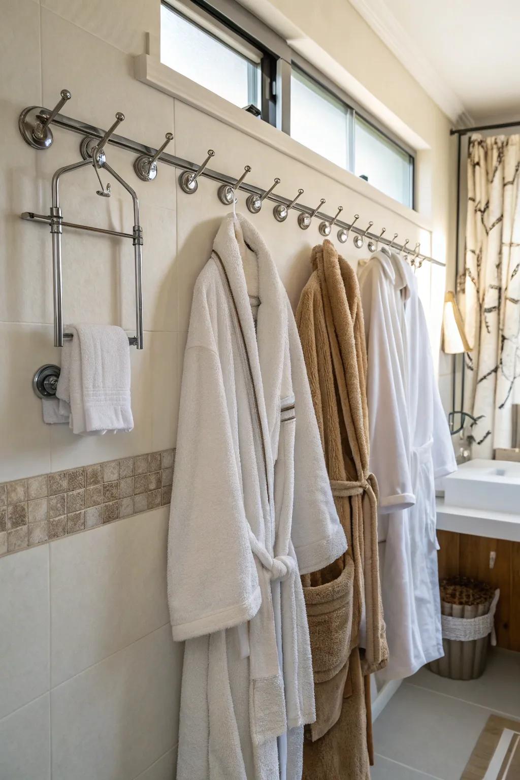 Hanging pegs and bars provide a practical solution for hanging bathroom essentials.
