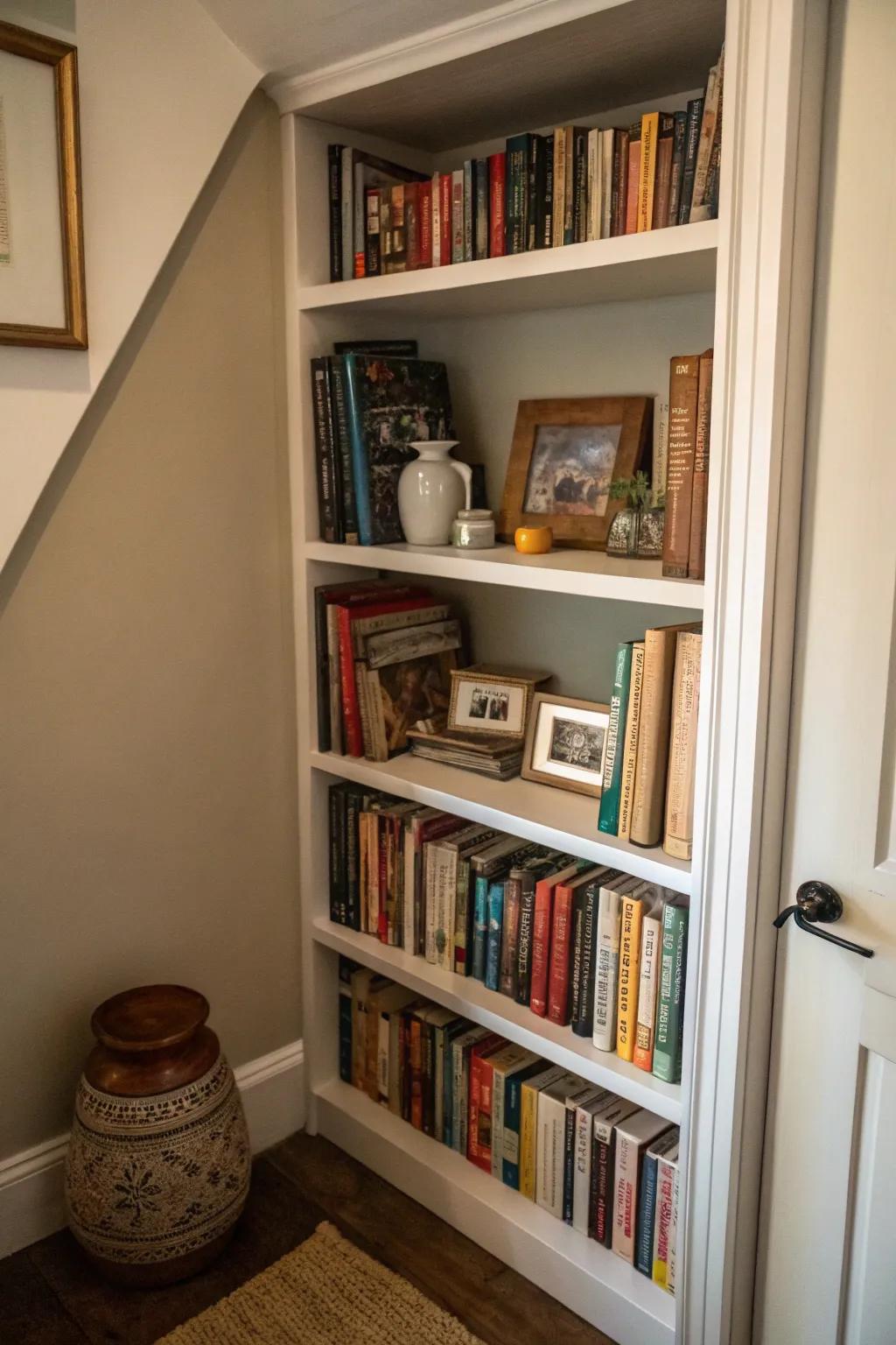 Narrow shelves make the most of limited areas for book storage.