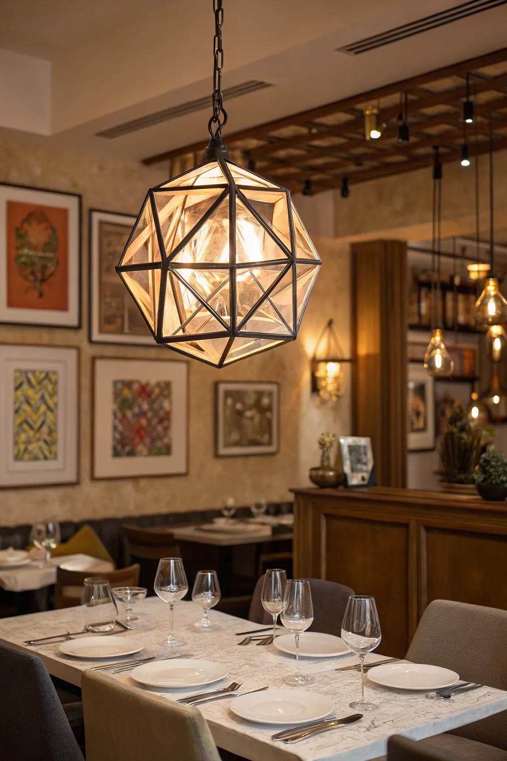 A geometric pendant lamp adds an artistic flair to a dining area.