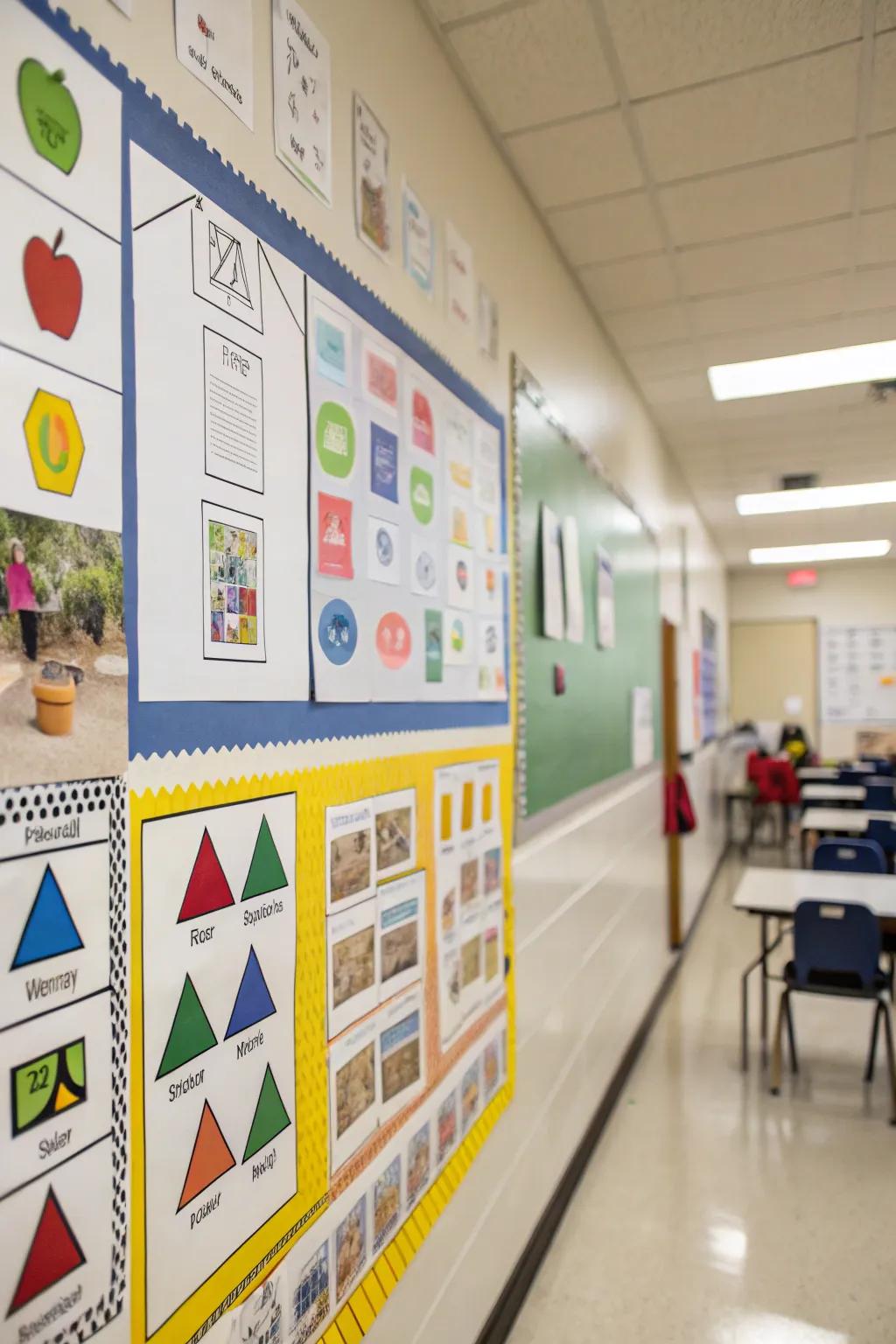 A word wall enhanced with visual aids such as pictures and shapes