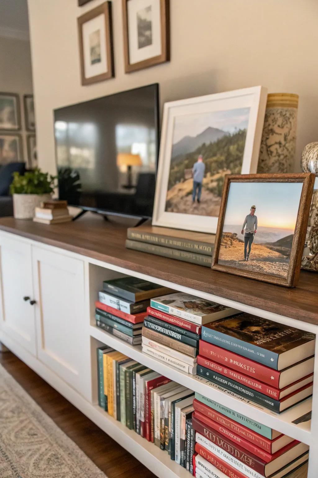A credenza enhanced with books and personal photos.