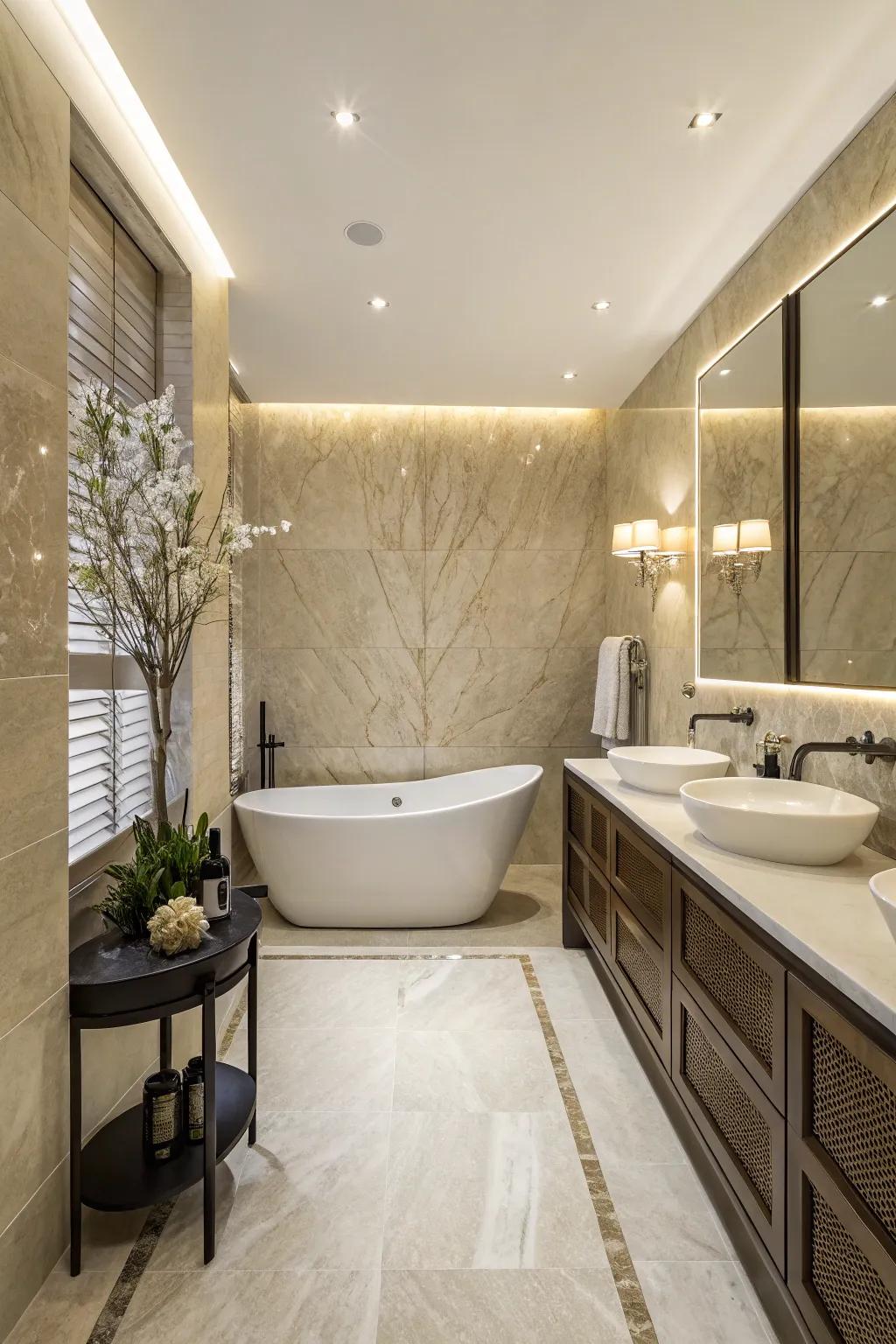 A crema marfil distinct wall adds a touch of luxury to any bathroom.